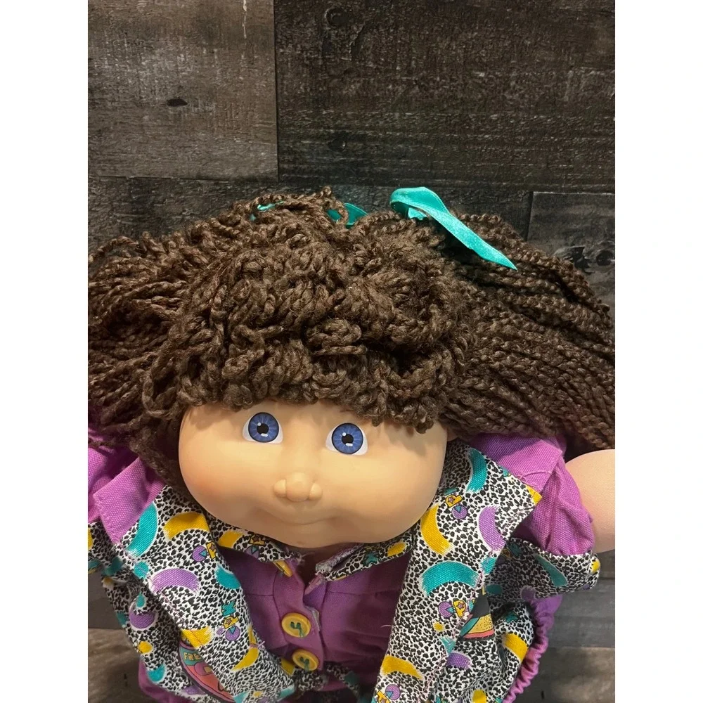 Vintage Cabbage Patch Kids Doll 90s Brown Yarn Hair Blue Eyes Purple Outfit